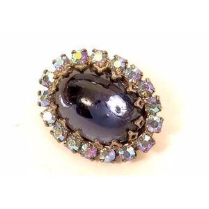 Vintage 26x20mm Oval Blue & Aurora Borealis Rhinestone Button*Silver Toned Metal